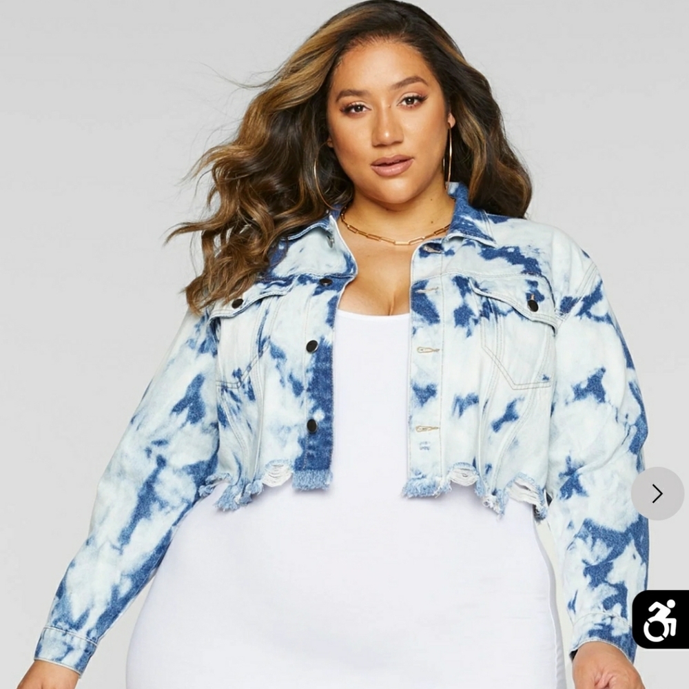 Fashion to Figure, Acid Washed Cropped Denim Jacket with Raw Hem, light blue